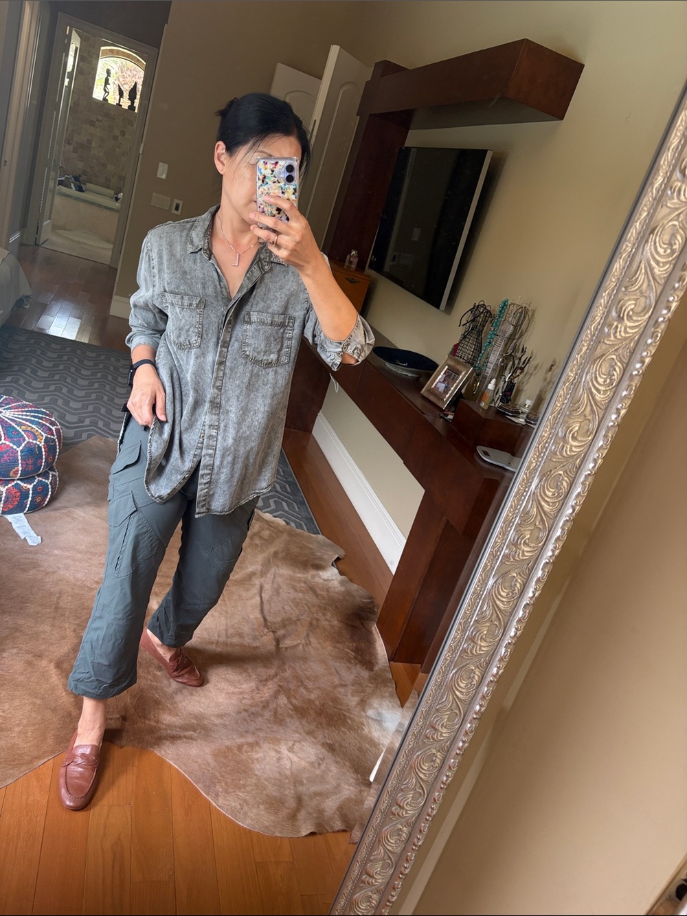 Mia & Tess Washed Grey and green Button-Up Shirt
